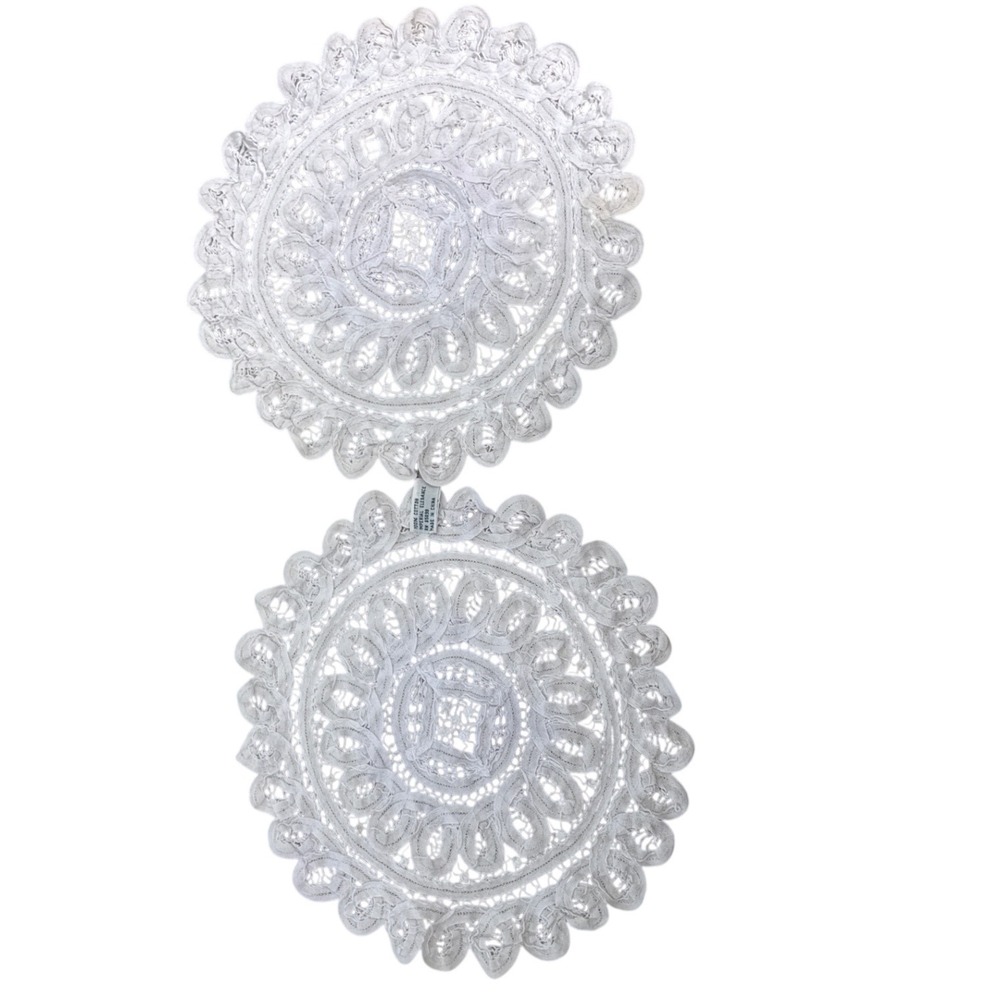 Vintage 10" White Battenberg Lace Doilies Round Cotton  Linens Set of 2